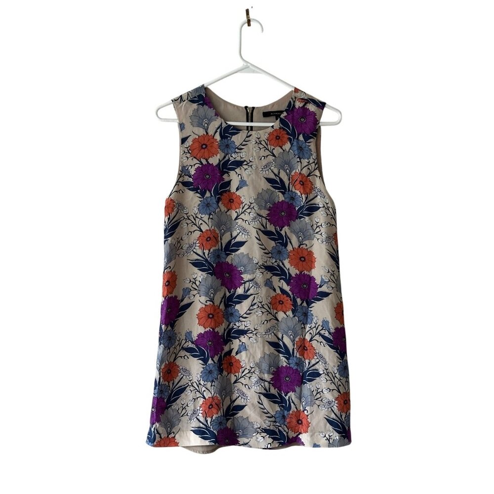 Oliveaceous Floral Sleeveless 100% Silk Dress Back Zipper Sz S Beige Multicolor